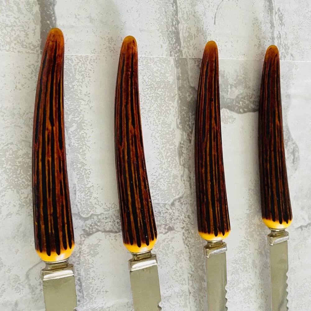 Regent Sheffield England Vintage Steak Knives Set of 4 Faux Antler Bakelite